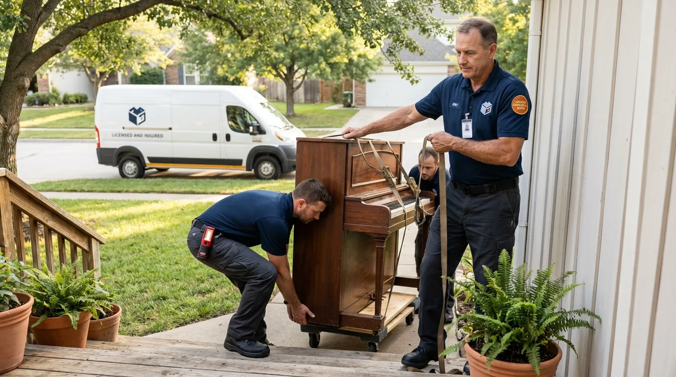 Licensed piano movers securing grand piano in Georgetown, PA